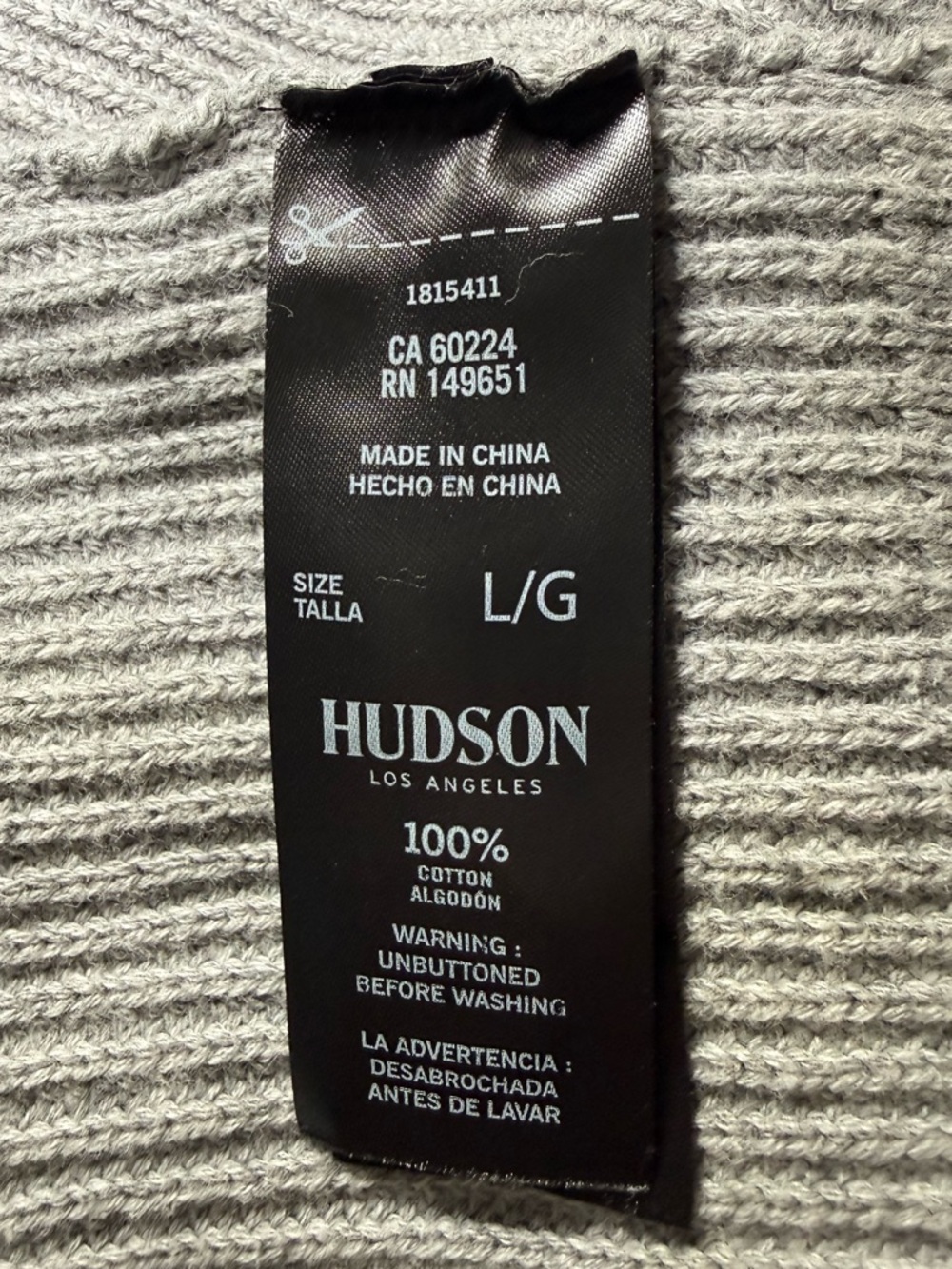 Hudson Jeans 100% Cotton Ribbed V-Neck Button Cardigan Gray size L - Picture 5 of 6